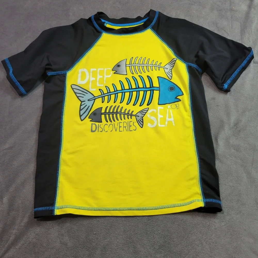 Ocean Pacific‎ Boys 8 Deep Sea Discoveries Rash Guard Yellow Black Short Sleeve